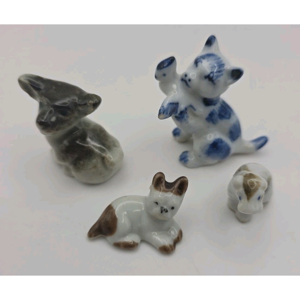 Vintage Miniature Ceramic Animal Figurine Lot Hand Painted French Bulldog Cat